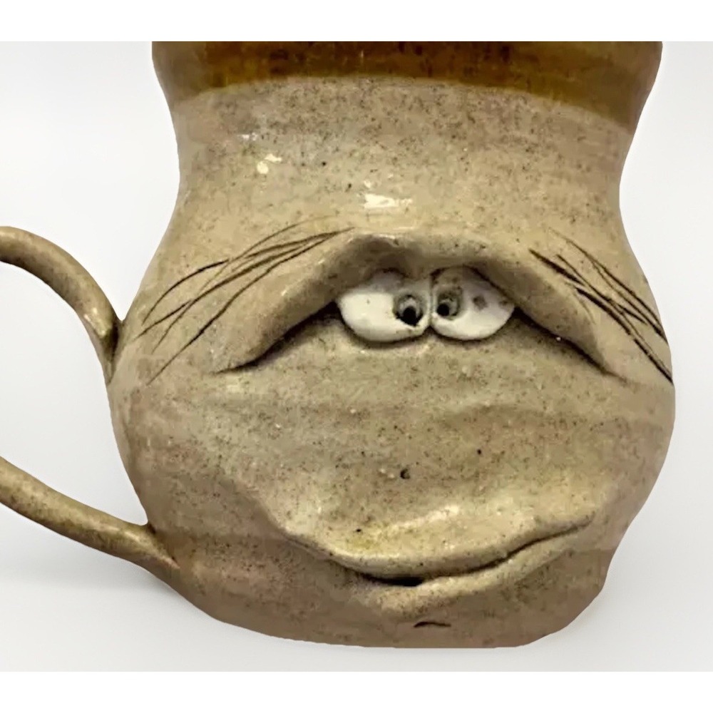 VTG Studio Gift Mug Art Pottery 3D Stoneware Ugly Funny Face Pen Holder Boho MCM